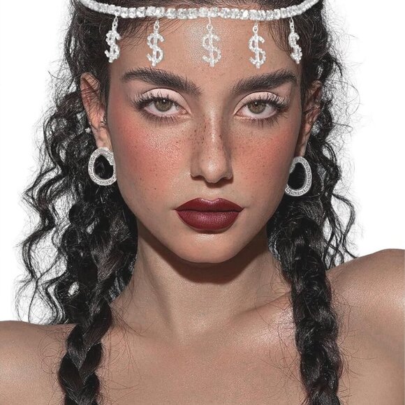 Women Silver Rhinestone Dollar Sign Head Chain Sparkly Party Hair Jewelry main image 7